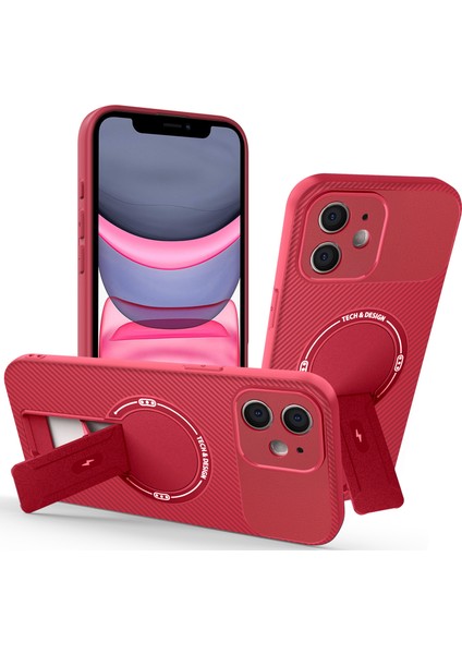 iPhone 11 Için Manyetik Kılıf, Karbon Fiber Tasarım, Standlı Tpu Hibrit Telefon Kılıfı, Kırmızı (Yurt Dışından)
