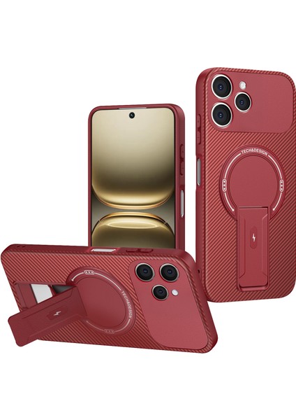 Tecno Spark 40 Için Manyetik Kılıf, Standlı Karbon Fiber Tasarımlı Tpu Hibrit Telefon Kılıfı, Kırmızı (Yurt Dışından)