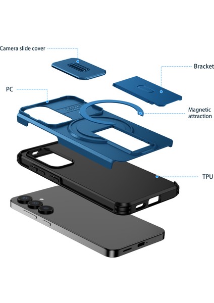 Samsung Galaxy S25/S24 Için Manyetik Kılıf, Kayar Kamera Korumalı Çift Katmanlı Darbeye Dayanıklı Telefon Kılıfı, Ayarlanabilir Stand, Mavi (Yurt Dışından) fiyatları