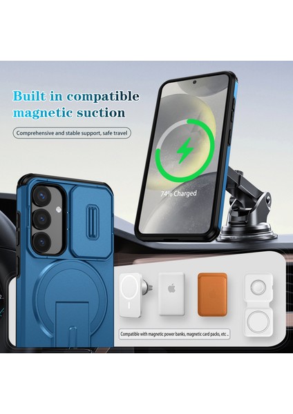 Samsung Galaxy S25/S24 Için Manyetik Kılıf, Kayar Kamera Korumalı Çift Katmanlı Darbeye Dayanıklı Telefon Kılıfı, Ayarlanabilir Stand, Mavi (Yurt Dışından) modelleri