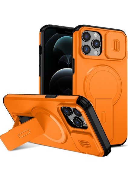 iPhone 12 Pro Max Için Manyetik Kılıf, Kayar Kamera Korumalı Çift Katmanlı Darbeye Dayanıklı Telefon Kılıfı, Ayarlanabilir Stand, Turuncu (Yurt Dışından)