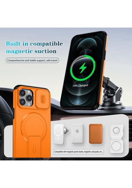 iPhone 12 Pro Max Için Manyetik Kılıf, Kayar Kamera Korumalı Çift Katmanlı Darbeye Dayanıklı Telefon Kılıfı, Ayarlanabilir Stand, Turuncu (Yurt Dışından) modelleri
