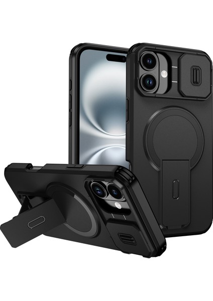 iPhone 16 Plus Için Manyetik Kılıf, Kayar Kamera Korumalı Çift Katmanlı Darbeye Dayanıklı Telefon Kılıfı, Ayarlanabilir Stand, Siyah (Yurt Dışından)