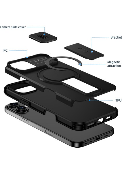 iPhone 16 Plus Için Manyetik Kılıf, Kayar Kamera Korumalı Çift Katmanlı Darbeye Dayanıklı Telefon Kılıfı, Ayarlanabilir Stand, Siyah (Yurt Dışından) fiyatları