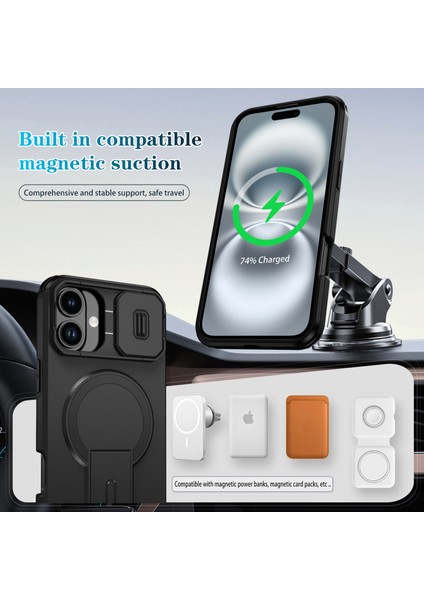 iPhone 16 Plus Için Manyetik Kılıf, Kayar Kamera Korumalı Çift Katmanlı Darbeye Dayanıklı Telefon Kılıfı, Ayarlanabilir Stand, Siyah (Yurt Dışından) modelleri
