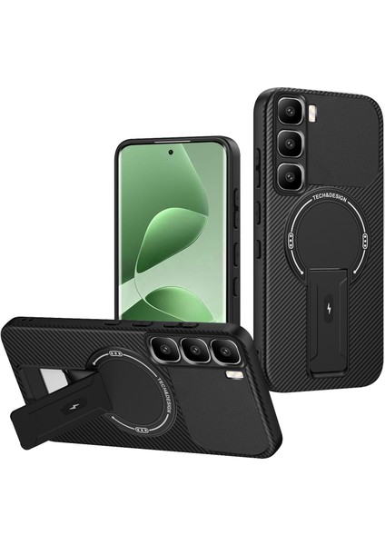 Infinix Hot 60 Pro Için Manyetik Kılıf, Standlı Karbon Fiber Tasarımlı Tpu Hibrit Telefon Kılıfı, Siyah (Yurt Dışından)