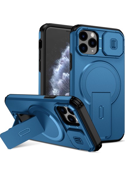 iPhone 11 Pro Için Manyetik Kılıf, Kayar Kamera Korumalı Çift Katmanlı Darbeye Dayanıklı Telefon Kılıfı, Ayarlanabilir Stand, Mavi (Yurt Dışından)