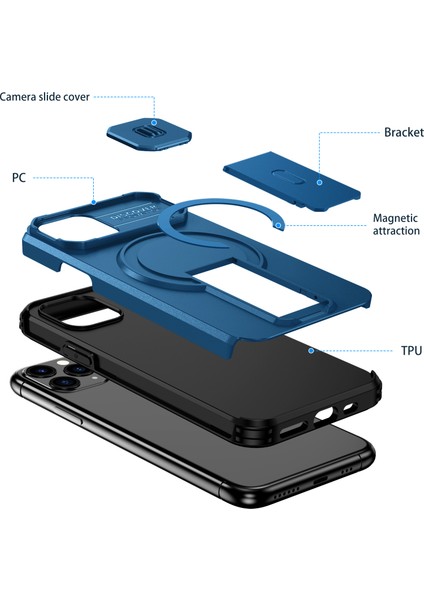 iPhone 11 Pro Için Manyetik Kılıf, Kayar Kamera Korumalı Çift Katmanlı Darbeye Dayanıklı Telefon Kılıfı, Ayarlanabilir Stand, Mavi (Yurt Dışından) fiyatları