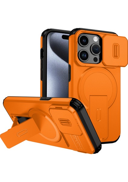 iPhone 15 Pro Için Manyetik Kılıf, Kayar Kamera Korumalı Çift Katmanlı Darbeye Dayanıklı Telefon Kılıfı, Ayarlanabilir Stand, Turuncu (Yurt Dışından)