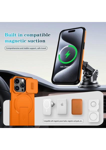 iPhone 15 Pro Için Manyetik Kılıf, Kayar Kamera Korumalı Çift Katmanlı Darbeye Dayanıklı Telefon Kılıfı, Ayarlanabilir Stand, Turuncu (Yurt Dışından) modelleri