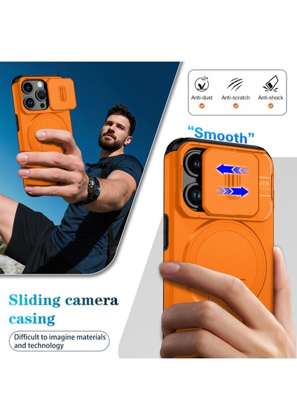 iPhone 15 Pro Için Manyetik Kılıf, Kayar Kamera Korumalı Çift Katmanlı Darbeye Dayanıklı Telefon Kılıfı, Ayarlanabilir Stand, Turuncu (Yurt Dışından) fırsatları
