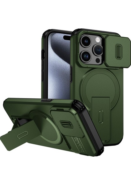 iPhone 15 Pro Için Manyetik Kılıf, Kayar Kamera Korumalı Çift Katmanlı Darbeye Dayanıklı Telefon Kılıfı, Ayarlanabilir Stand, Yeşil (Yurt Dışından)