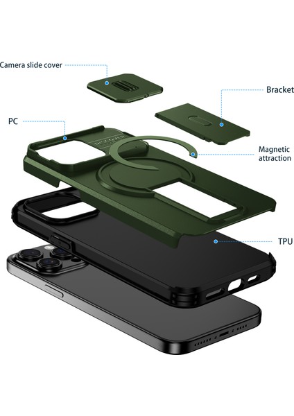 iPhone 15 Pro Için Manyetik Kılıf, Kayar Kamera Korumalı Çift Katmanlı Darbeye Dayanıklı Telefon Kılıfı, Ayarlanabilir Stand, Yeşil (Yurt Dışından) fiyatları