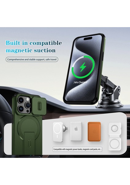 iPhone 15 Pro Için Manyetik Kılıf, Kayar Kamera Korumalı Çift Katmanlı Darbeye Dayanıklı Telefon Kılıfı, Ayarlanabilir Stand, Yeşil (Yurt Dışından) modelleri