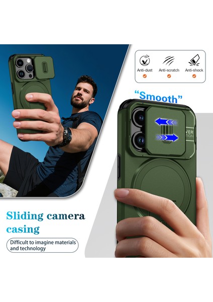 iPhone 15 Pro Için Manyetik Kılıf, Kayar Kamera Korumalı Çift Katmanlı Darbeye Dayanıklı Telefon Kılıfı, Ayarlanabilir Stand, Yeşil (Yurt Dışından) fırsatları