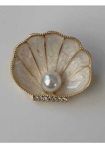 Beyaz Sedef Yansımalı Istiridye Figürlü Inci Detaylı Gold Broş