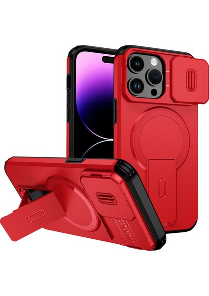 iPhone 14 Pro Max Için Manyetik Kılıf, Kayar Kamera Korumalı Çift Katmanlı Darbeye Dayanıklı Telefon Kılıfı, Ayarlanabilir Stand, Kırmızı (Yurt Dışından)