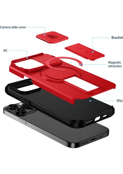 iPhone 14 Pro Max Için Manyetik Kılıf, Kayar Kamera Korumalı Çift Katmanlı Darbeye Dayanıklı Telefon Kılıfı, Ayarlanabilir Stand, Kırmızı (Yurt Dışından) fiyatları