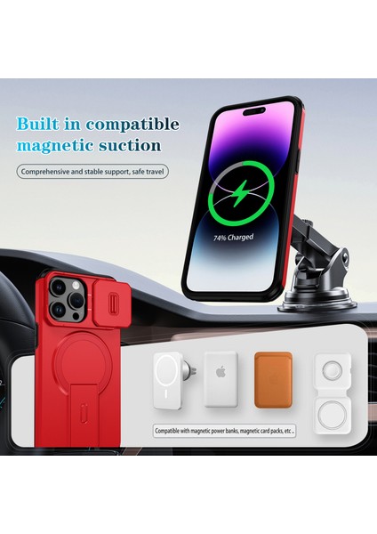 iPhone 14 Pro Max Için Manyetik Kılıf, Kayar Kamera Korumalı Çift Katmanlı Darbeye Dayanıklı Telefon Kılıfı, Ayarlanabilir Stand, Kırmızı (Yurt Dışından) modelleri
