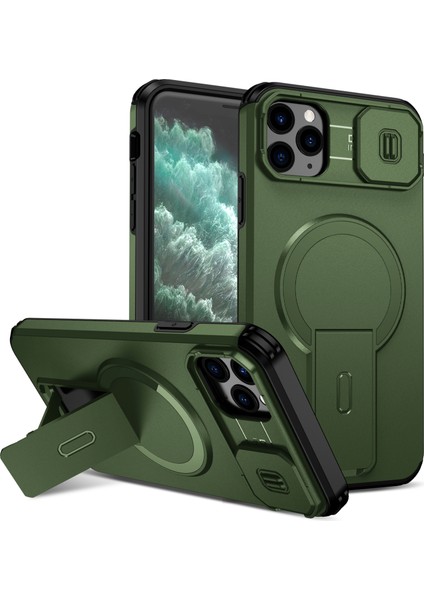 iPhone 11 Pro Max Için Manyetik Kılıf, Kayar Kamera Korumalı Çift Katmanlı Darbeye Dayanıklı Telefon Kılıfı, Ayarlanabilir Stand, Yeşil (Yurt Dışından)