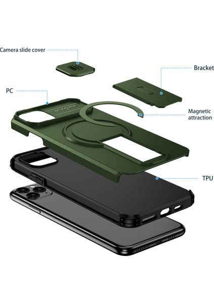 iPhone 11 Pro Max Için Manyetik Kılıf, Kayar Kamera Korumalı Çift Katmanlı Darbeye Dayanıklı Telefon Kılıfı, Ayarlanabilir Stand, Yeşil (Yurt Dışından) fiyatları