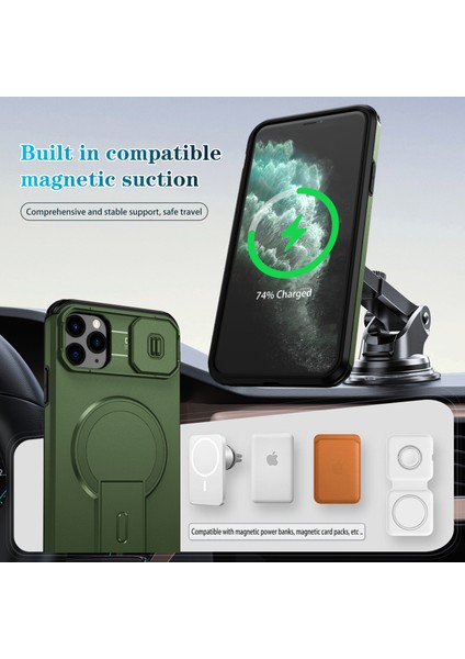 iPhone 11 Pro Max Için Manyetik Kılıf, Kayar Kamera Korumalı Çift Katmanlı Darbeye Dayanıklı Telefon Kılıfı, Ayarlanabilir Stand, Yeşil (Yurt Dışından) modelleri