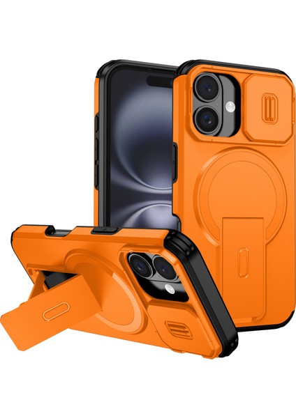 iPhone 16 Için Manyetik Kılıf, Kayar Kamera Korumalı Çift Katmanlı Darbeye Dayanıklı Telefon Kılıfı, Ayarlanabilir Stand, Turuncu (Yurt Dışından)