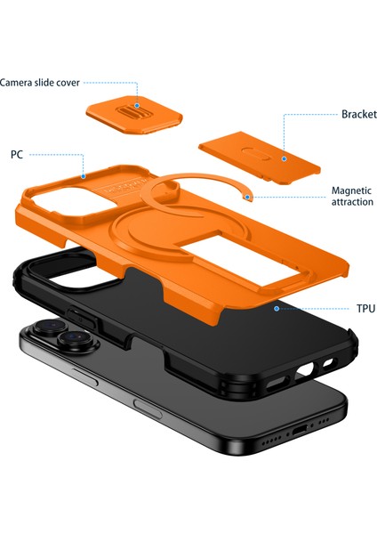 iPhone 16 Için Manyetik Kılıf, Kayar Kamera Korumalı Çift Katmanlı Darbeye Dayanıklı Telefon Kılıfı, Ayarlanabilir Stand, Turuncu (Yurt Dışından) fiyatları