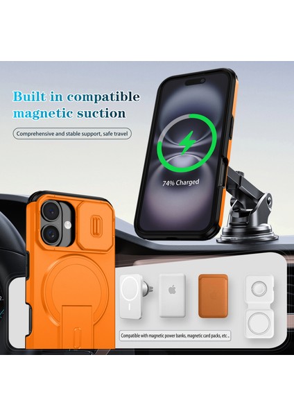 iPhone 16 Için Manyetik Kılıf, Kayar Kamera Korumalı Çift Katmanlı Darbeye Dayanıklı Telefon Kılıfı, Ayarlanabilir Stand, Turuncu (Yurt Dışından) modelleri