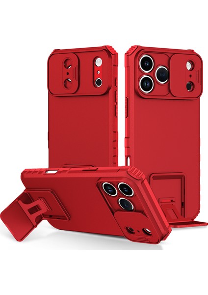 iPhone 17 Pro Için Çift Katmanlı Kılıf, Darbeye Dayanıklı, Kayar Kamera Korumalı Sağlam Standlı Koruyucu Kılıf, Kırmızı (Yurt Dışından)
