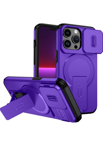 iPhone 13 Pro Için Manyetik Kılıf, Kayar Kamera Korumalı Çift Katmanlı Darbeye Dayanıklı Telefon Kılıfı, Ayarlanabilir Stand, Mor (Yurt Dışından)