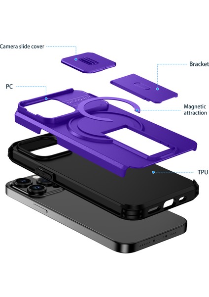 iPhone 13 Pro Için Manyetik Kılıf, Kayar Kamera Korumalı Çift Katmanlı Darbeye Dayanıklı Telefon Kılıfı, Ayarlanabilir Stand, Mor (Yurt Dışından) fiyatları