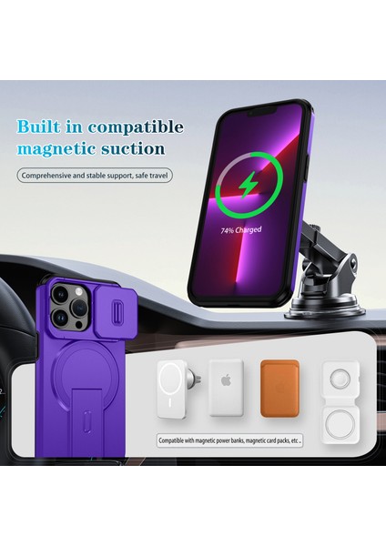 iPhone 13 Pro Için Manyetik Kılıf, Kayar Kamera Korumalı Çift Katmanlı Darbeye Dayanıklı Telefon Kılıfı, Ayarlanabilir Stand, Mor (Yurt Dışından) modelleri