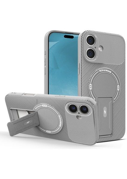 iPhone 16 Plus Için Manyetik Kılıf, Karbon Fiber Tasarım, Standlı Tpu Hibrit Telefon Kılıfı, Gri (Yurt Dışından)