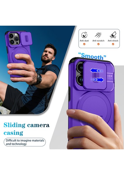 iPhone 13 Pro Için Manyetik Kılıf, Kayar Kamera Korumalı Çift Katmanlı Darbeye Dayanıklı Telefon Kılıfı, Ayarlanabilir Stand, Mor (Yurt Dışından) fırsatları