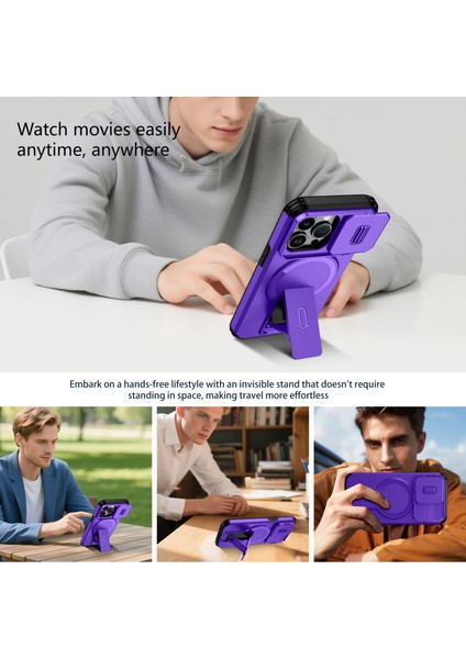 iPhone 13 Pro Için Manyetik Kılıf, Kayar Kamera Korumalı Çift Katmanlı Darbeye Dayanıklı Telefon Kılıfı, Ayarlanabilir Stand, Mor (Yurt Dışından) indirimleri