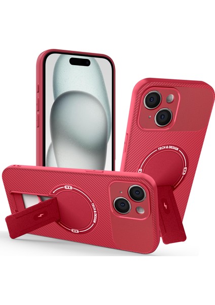 iPhone 14 Için Manyetik Kılıf, Karbon Fiber Tasarım, Standlı Tpu Hibrit Telefon Kılıfı, Kırmızı (Yurt Dışından)