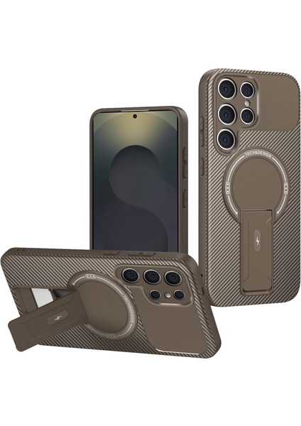 Samsung Galaxy S24 Ultra Manyetik Karbon Fiber Tasarım Tpu Hibrit Telefon Kılıfı ve Standı Kahverengi (Yurt Dışından)