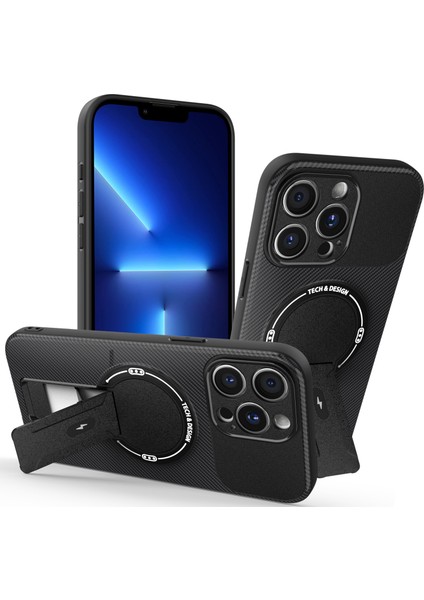 iPhone 14 Pro Max Için Manyetik Kılıf, Karbon Fiber Tasarım, Standlı Tpu Hibrit Telefon Kılıfı, Siyah (Yurt Dışından)
