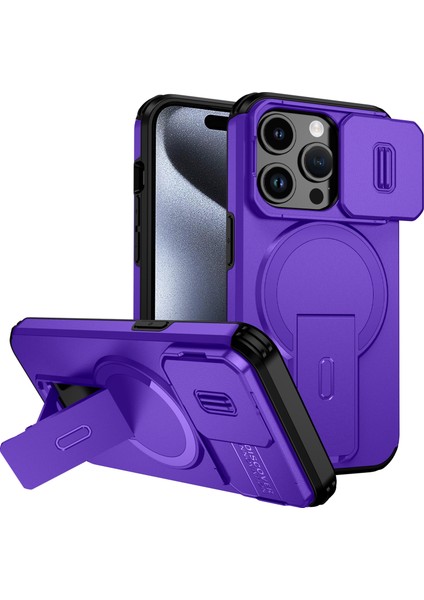 iPhone 15 Pro Için Manyetik Kılıf, Kayar Kamera Korumalı Çift Katmanlı Darbeye Dayanıklı Telefon Kılıfı, Ayarlanabilir Stand, Mor (Yurt Dışından)