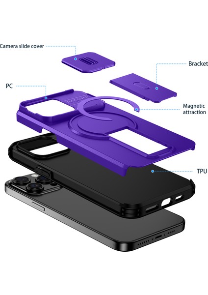 iPhone 15 Pro Için Manyetik Kılıf, Kayar Kamera Korumalı Çift Katmanlı Darbeye Dayanıklı Telefon Kılıfı, Ayarlanabilir Stand, Mor (Yurt Dışından) fiyatları