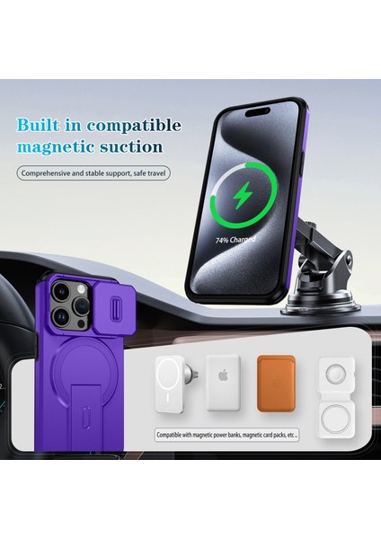 iPhone 15 Pro Için Manyetik Kılıf, Kayar Kamera Korumalı Çift Katmanlı Darbeye Dayanıklı Telefon Kılıfı, Ayarlanabilir Stand, Mor (Yurt Dışından) modelleri