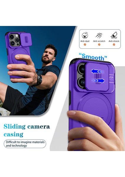 iPhone 15 Pro Için Manyetik Kılıf, Kayar Kamera Korumalı Çift Katmanlı Darbeye Dayanıklı Telefon Kılıfı, Ayarlanabilir Stand, Mor (Yurt Dışından) fırsatları