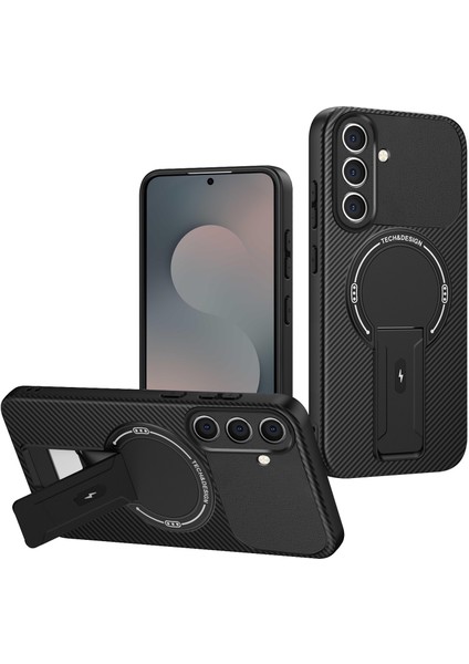 Samsung Galaxy S25 Fe Için Manyetik Kılıf, Standlı Karbon Fiber Tasarımlı Tpu Hibrit Telefon Kılıfı, Siyah (Yurt Dışından)