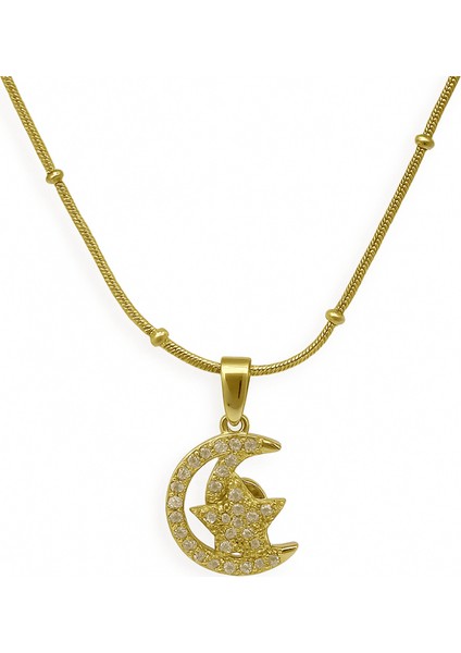 Kadın Çelik Kolye - Ay Yıldız Tasarım - Beyaz Zirkon Taşlı - Stres Çarkı Model - Altın Renk