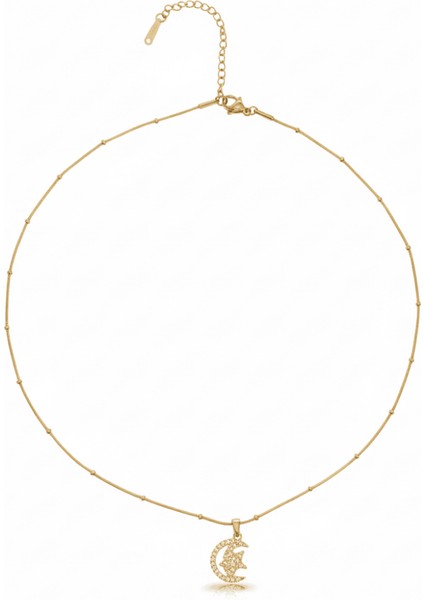 Kadın Çelik Kolye - Ay Yıldız Tasarım - Beyaz Zirkon Taşlı - Stres Çarkı Model - Altın Renk indirimleri