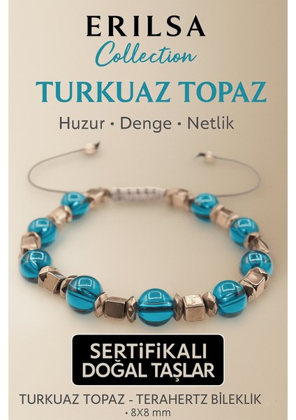 Sertifikalı Turkuaz Topaz Doğal Taş Bileklik - 8x8 mm Huzur Denge Netlik Enerji Taşı
