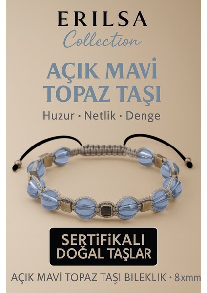 Sertifikalı Açık Mavi Topaz Doğal Taş Bileklik - 8x8 mm Netlik Huzur Güven Enerji Taşı