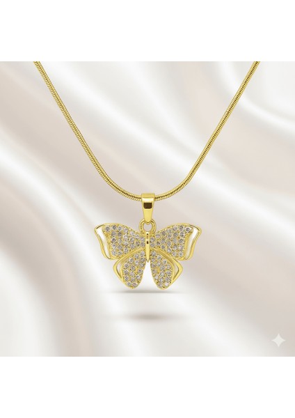 Kadın Çelik Kolye - Kelebek Tasarım - Beyaz Zirkon Taşlı - Altın Renk fırsatları