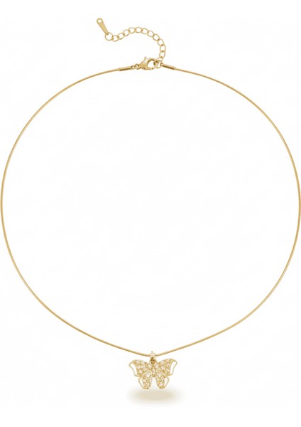 Kadın Çelik Kolye - Kelebek Tasarım - Beyaz Zirkon Taşlı - Altın Renk indirimleri